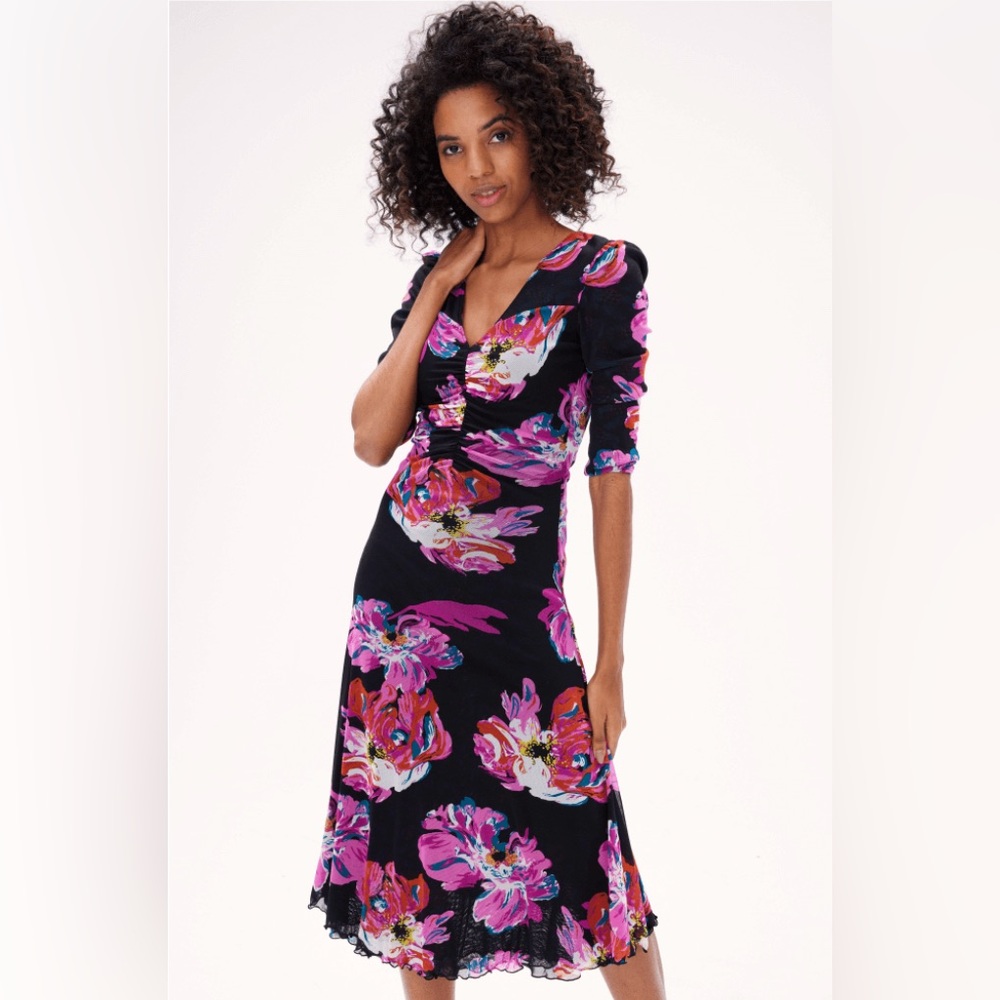 Diane Von Furstenberg Blue and Pink Patterned Midi Dress